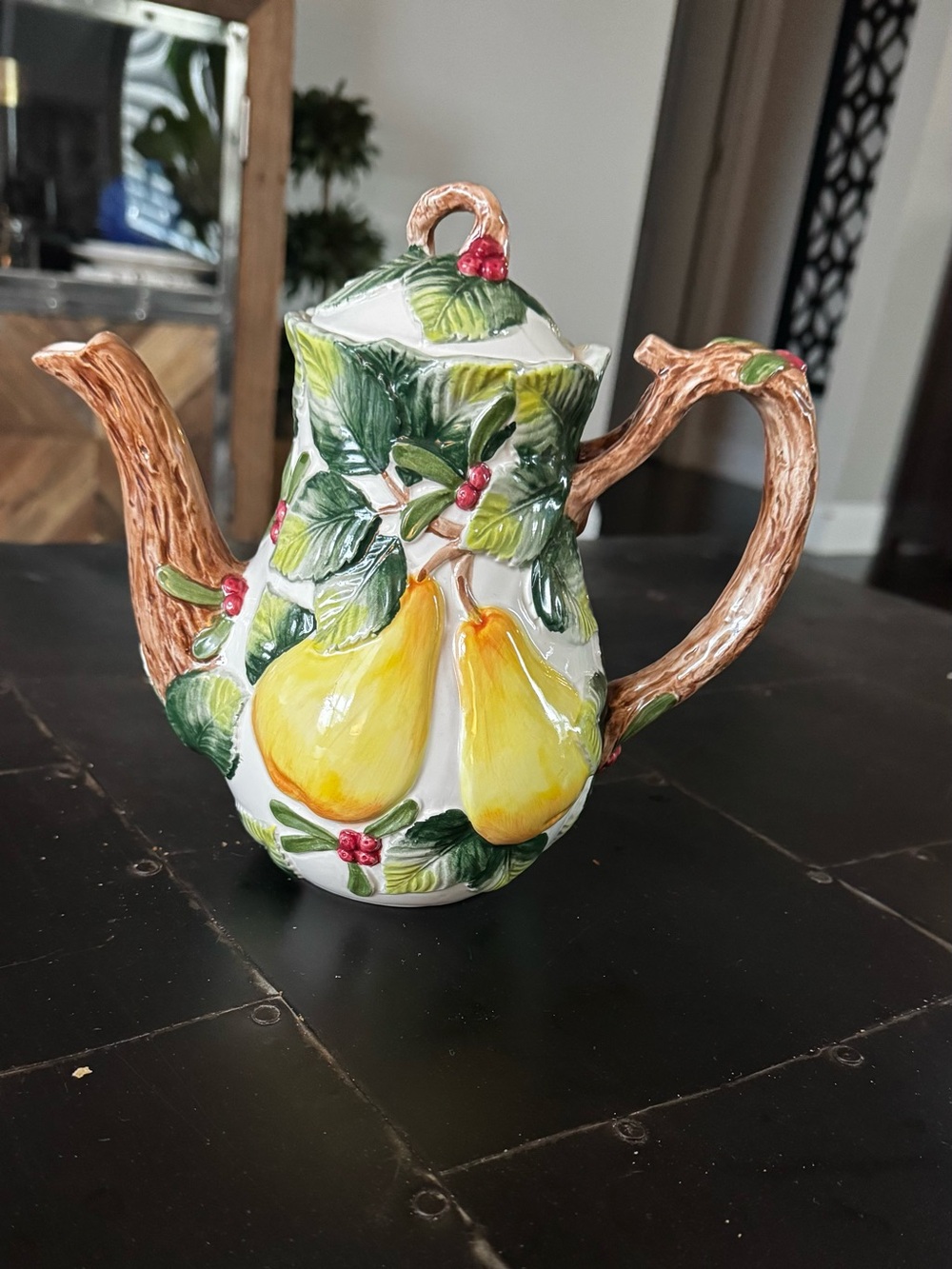 Fitz and Floyd Yellow Pear Relief Ceramic Teapot with Leaf Accents